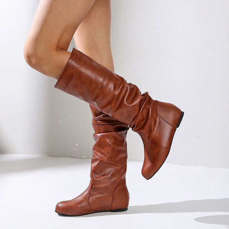 Slouchy Ruched Faux Leather Knee High Boots - Brown Flat