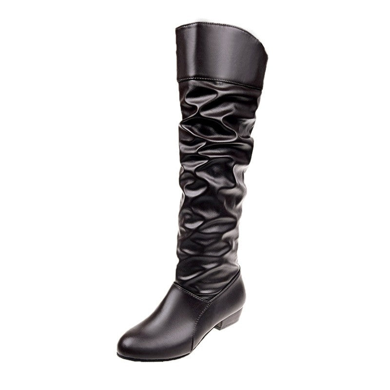 Slouchy Ruched Faux Leather Knee High Boots - Coffee Heel