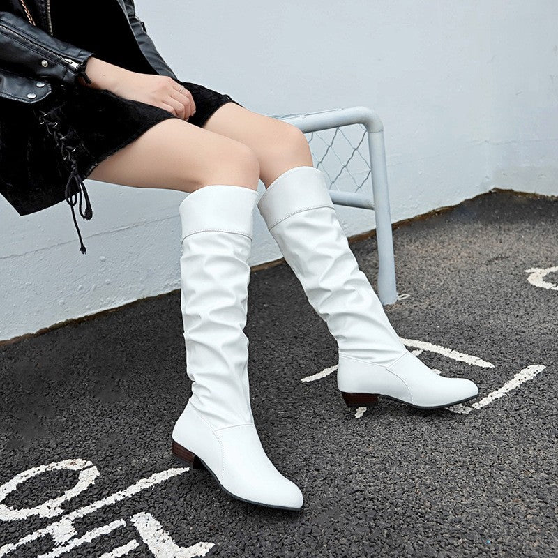 Slouchy Ruched Faux Leather Knee High Boots