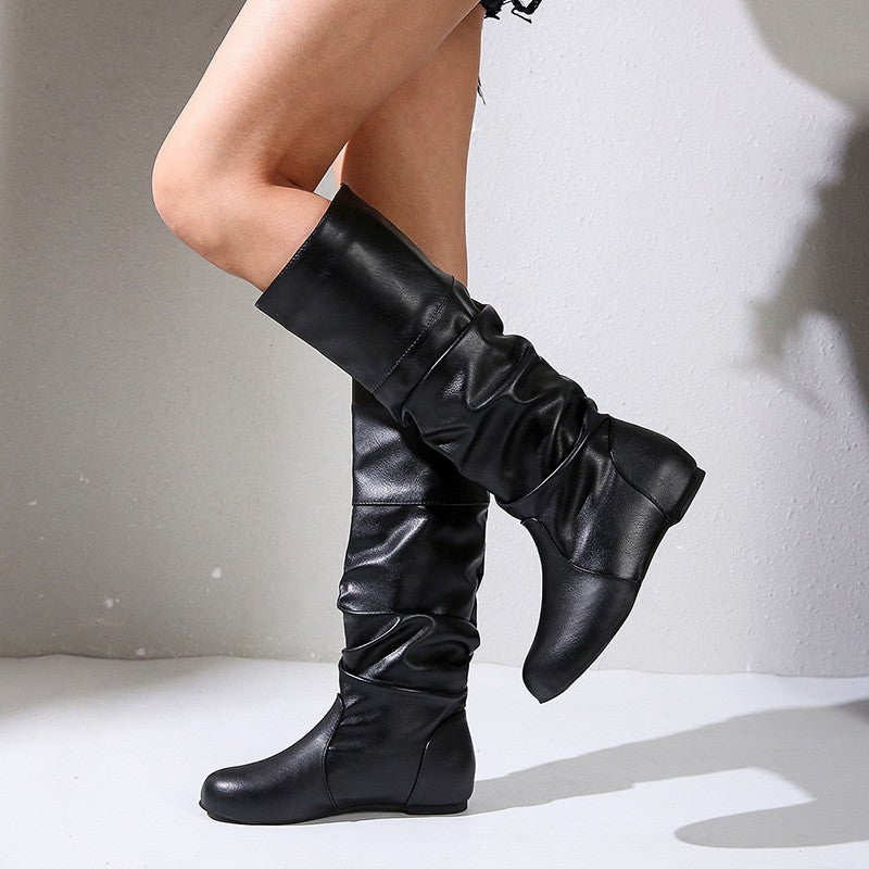 Slouchy Ruched Faux Leather Knee High Boots