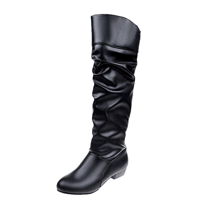 Slouchy Ruched Faux Leather Knee High Boots