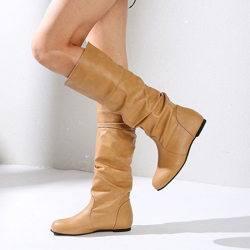 Slouchy Ruched Faux Leather Knee High Boots