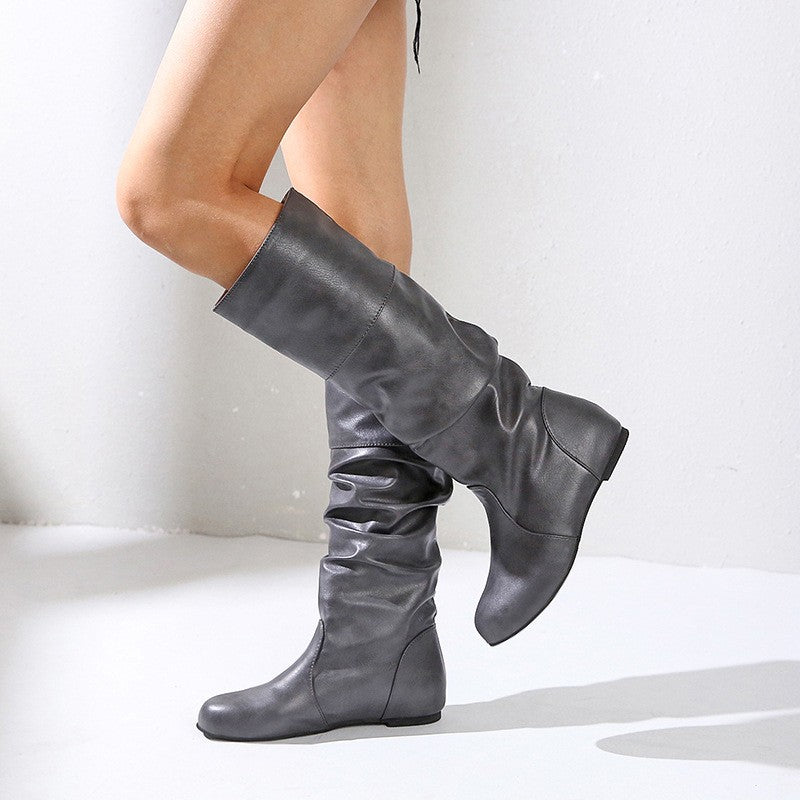 Slouchy Ruched Faux Leather Knee High Boots