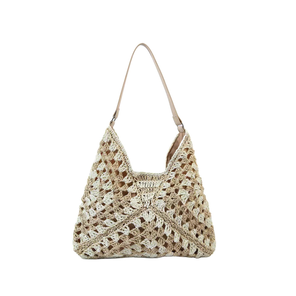 Crochet Granny Square Slouchy Tote Bag - Beige