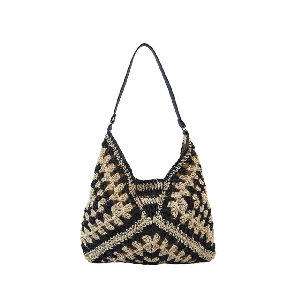 Crochet Granny Square Slouchy Tote Bag - Black