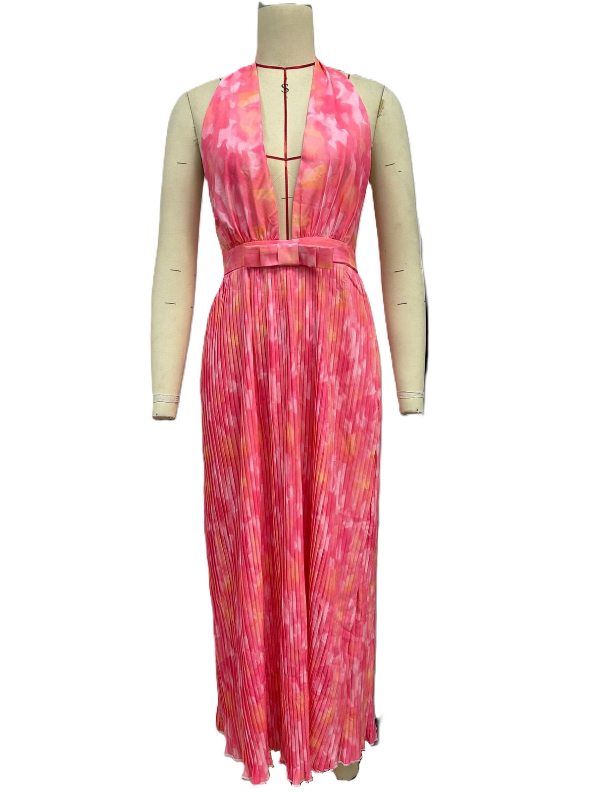 Plunging Halter Backless Maxi Dress - Pink