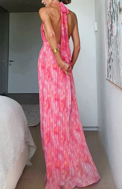 Plunging Halter Backless Maxi Dress - Pink - 2