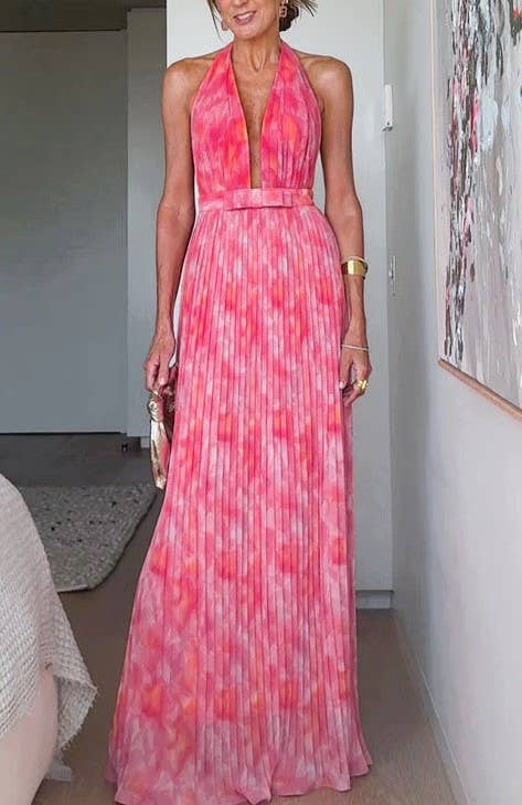 Plunging Halter Backless Maxi Dress