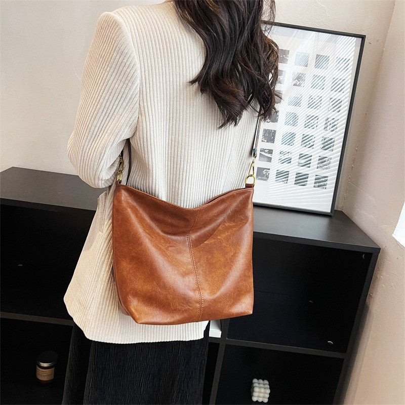 Slouchy Bucket Shoulder Bag with Guitar Strap - Camel