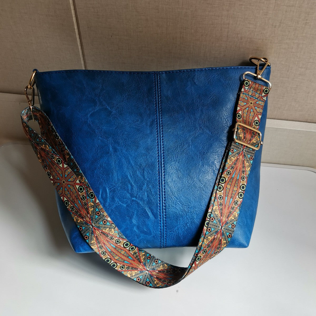Slouchy Bucket Shoulder Bag with Guitar Strap - Cobalt Blue