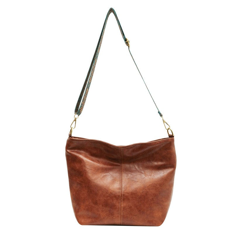 Slouchy Bucket Shoulder Bag with Guitar Strap - Dark Brown