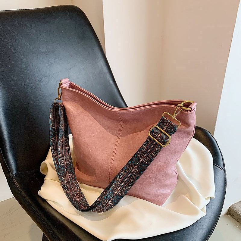 Slouchy Bucket Shoulder Bag with Guitar Strap - Dusty Pink