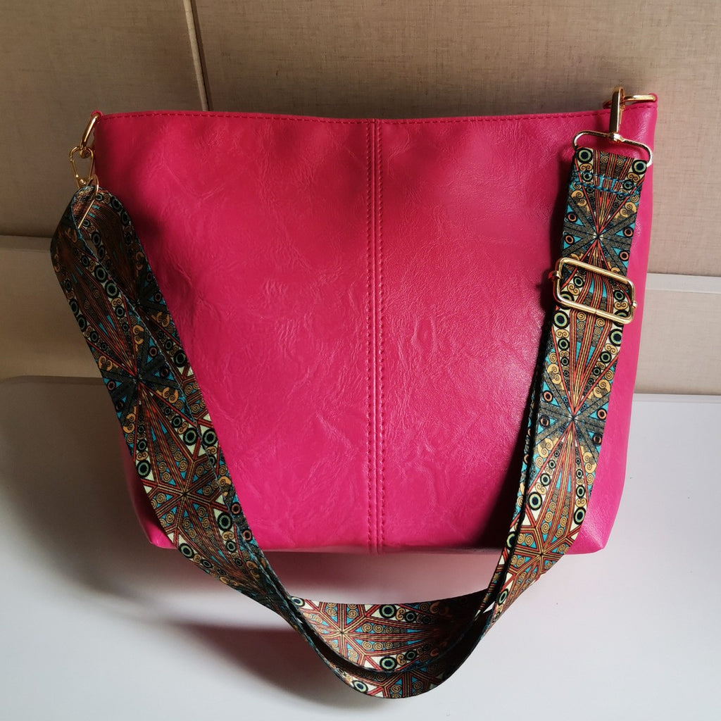 Slouchy Bucket Shoulder Bag with Guitar Strap - Hot Pink