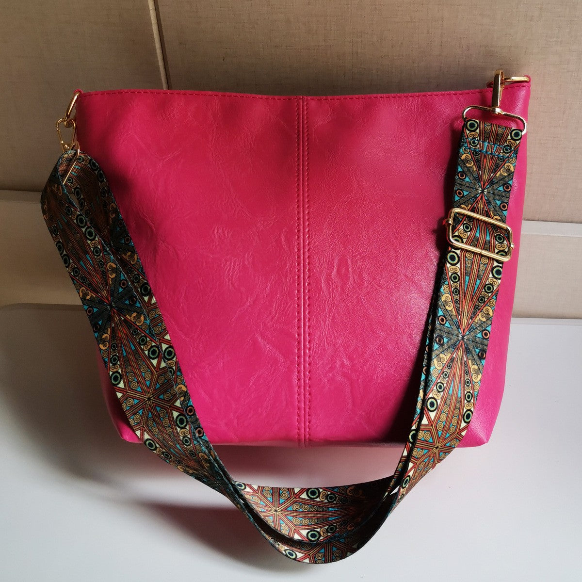 Slouchy Bucket Shoulder Bag with Guitar Strap - Hot Pink