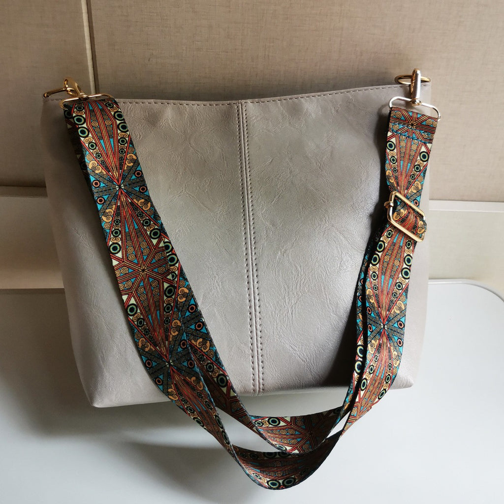 Slouchy Bucket Shoulder Bag with Guitar Strap - Light Gray