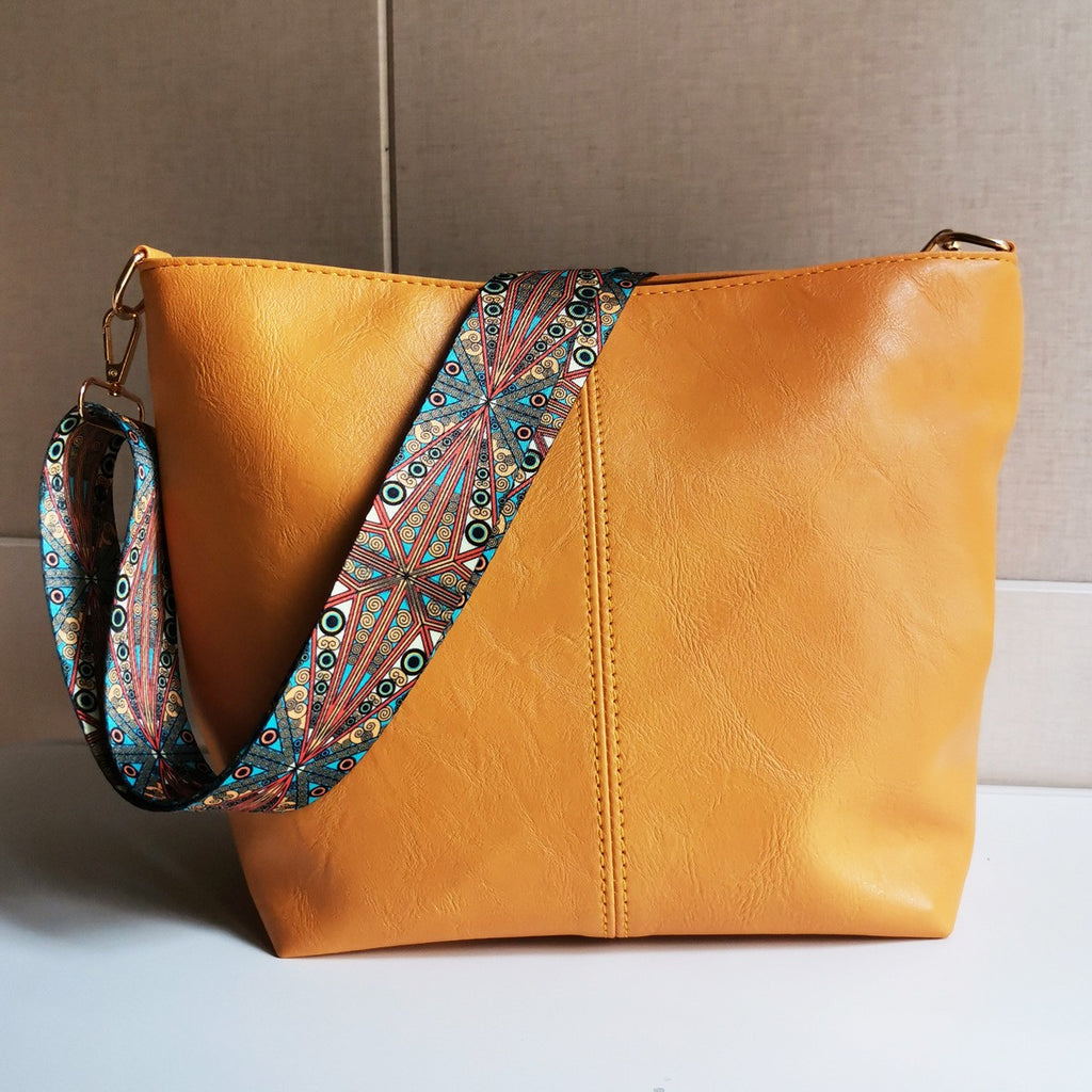 Slouchy Bucket Shoulder Bag with Guitar Strap - Mustard