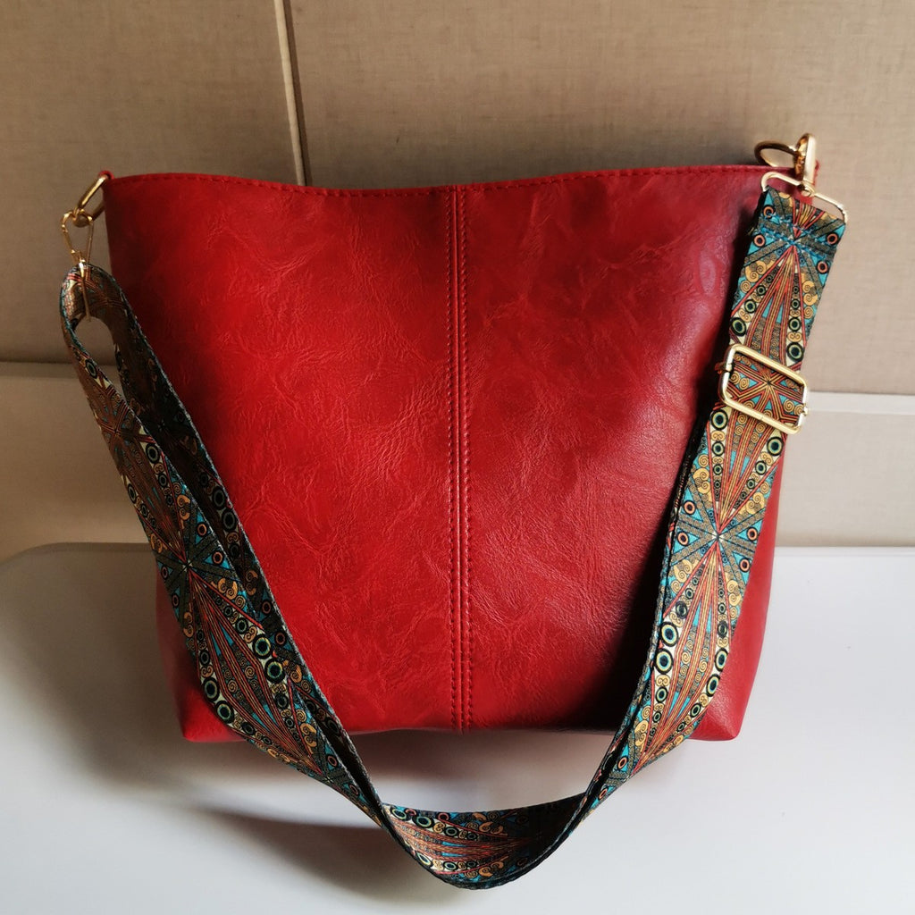 Slouchy Bucket Shoulder Bag with Guitar Strap - Red