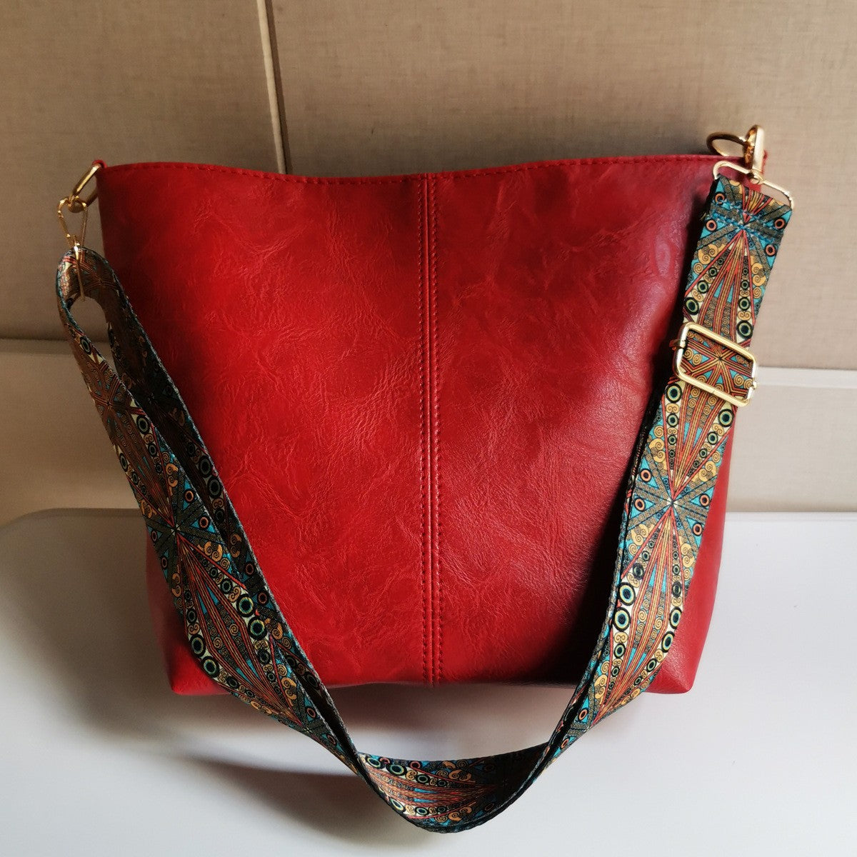 Slouchy Bucket Shoulder Bag with Guitar Strap - Red