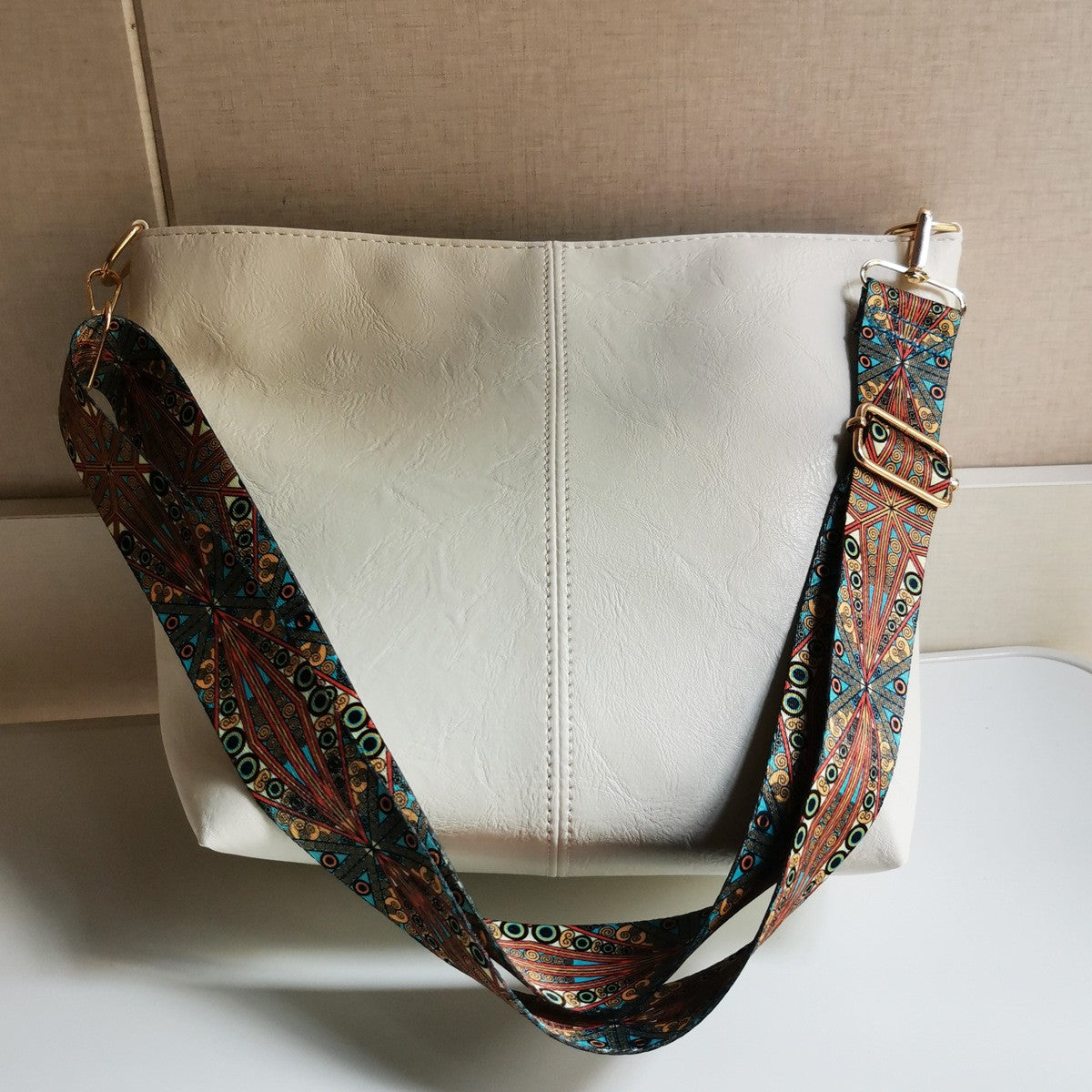 Slouchy Bucket Shoulder Bag with Guitar Strap - White