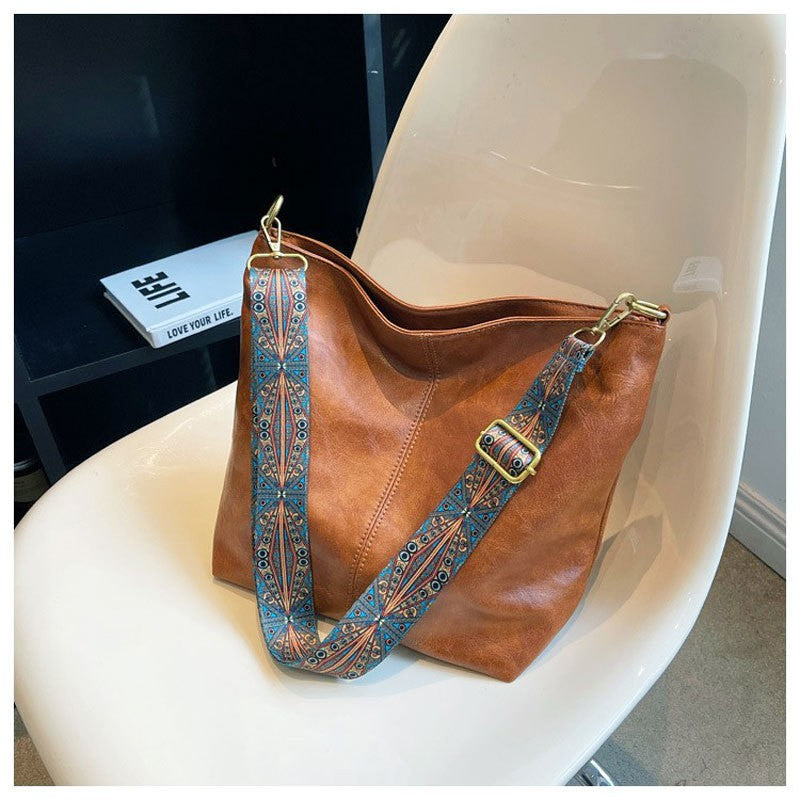 Slouchy Bucket Shoulder Bag with Guitar Strap