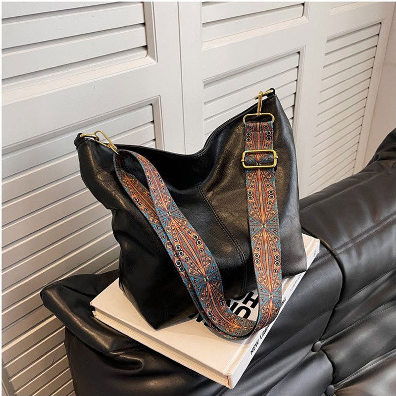 Slouchy Bucket Shoulder Bag with Guitar Strap