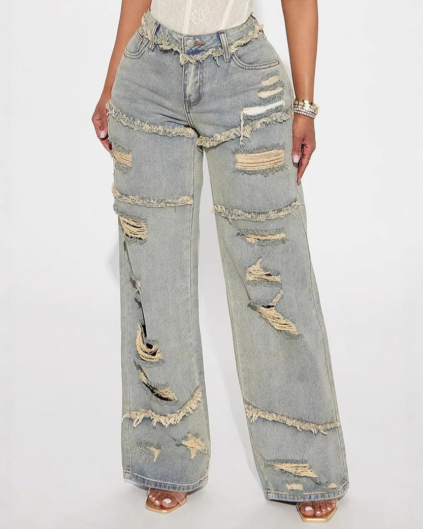 Y2K Ripped Wide Leg Vintage Wash Jeans - COLOR