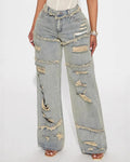 Y2K Ripped Wide Leg Vintage Wash Jeans - COLOR