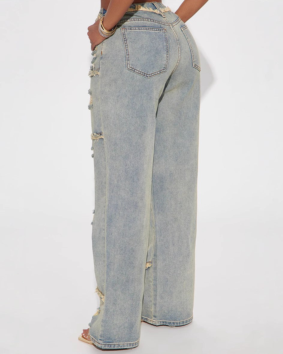 Y2K Ripped Wide Leg Vintage Wash Jeans - COLOR - 1