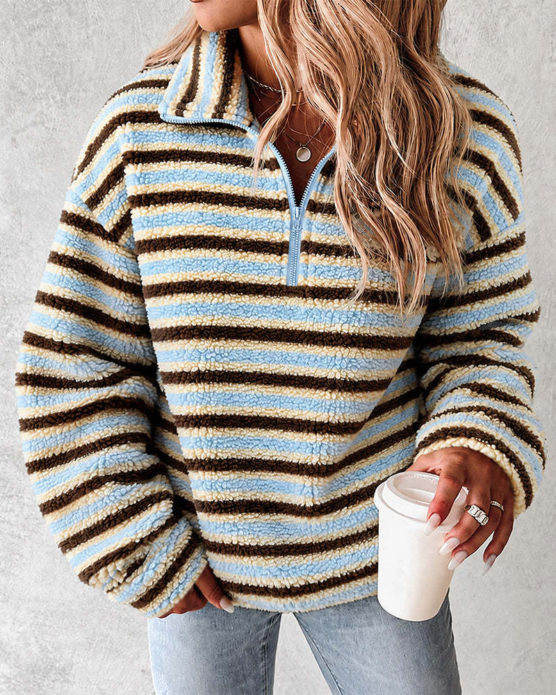 Striped Fleece Half Zip Sweatshirt With Collar - Stripe