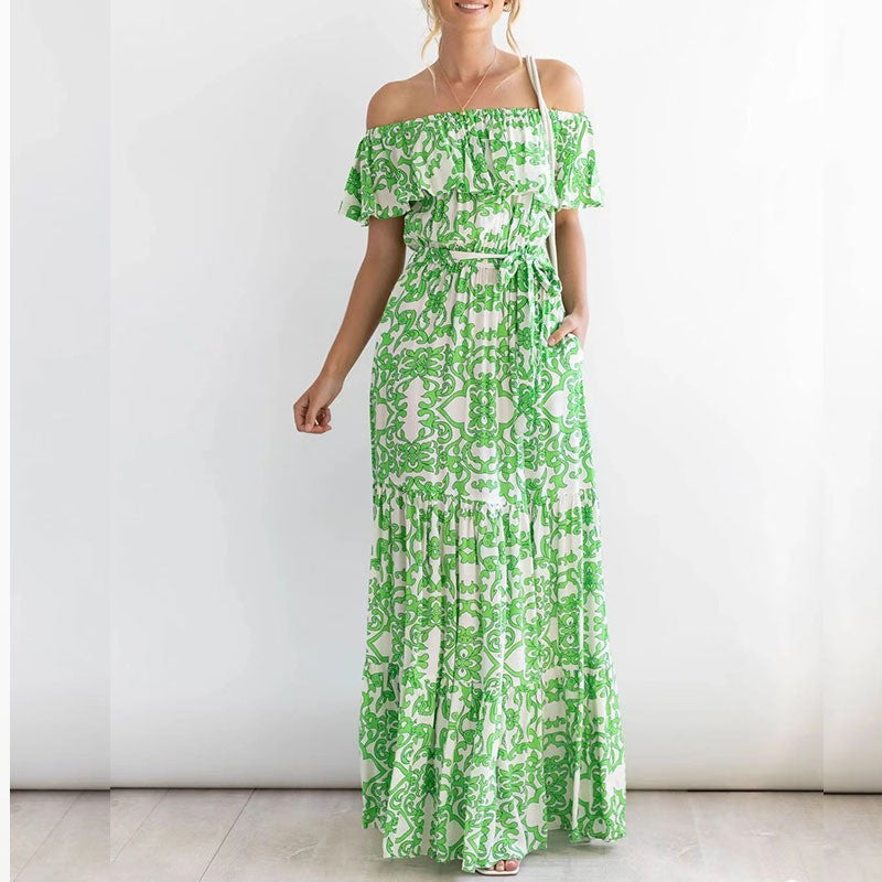 Off Shoulder Ruffle Print Maxi Dress - Green