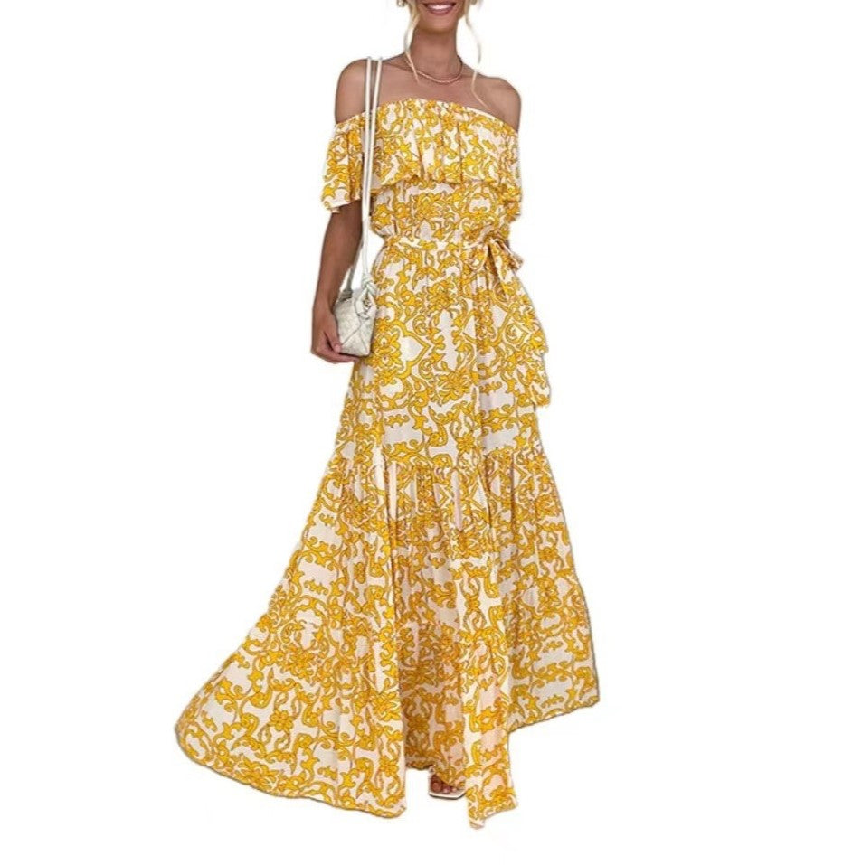 Off Shoulder Ruffle Print Maxi Dress - Yellow