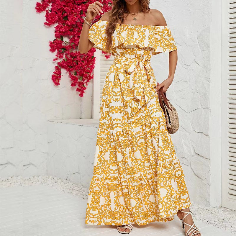 Off Shoulder Ruffle Print Maxi Dress