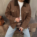 Corduroy Collar Oversized Trucker Coat - Brown