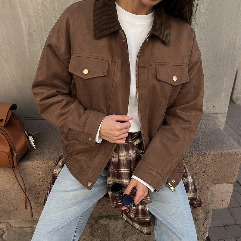 Corduroy Collar Oversized Trucker Coat - Brown