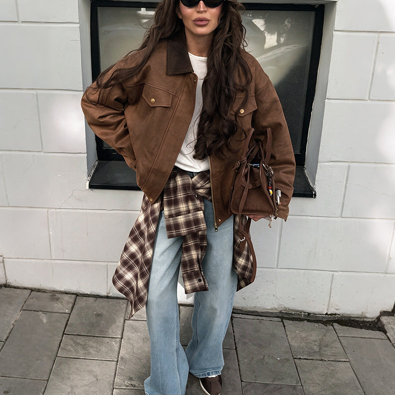 Corduroy Collar Oversized Trucker Coat - Brown - 6