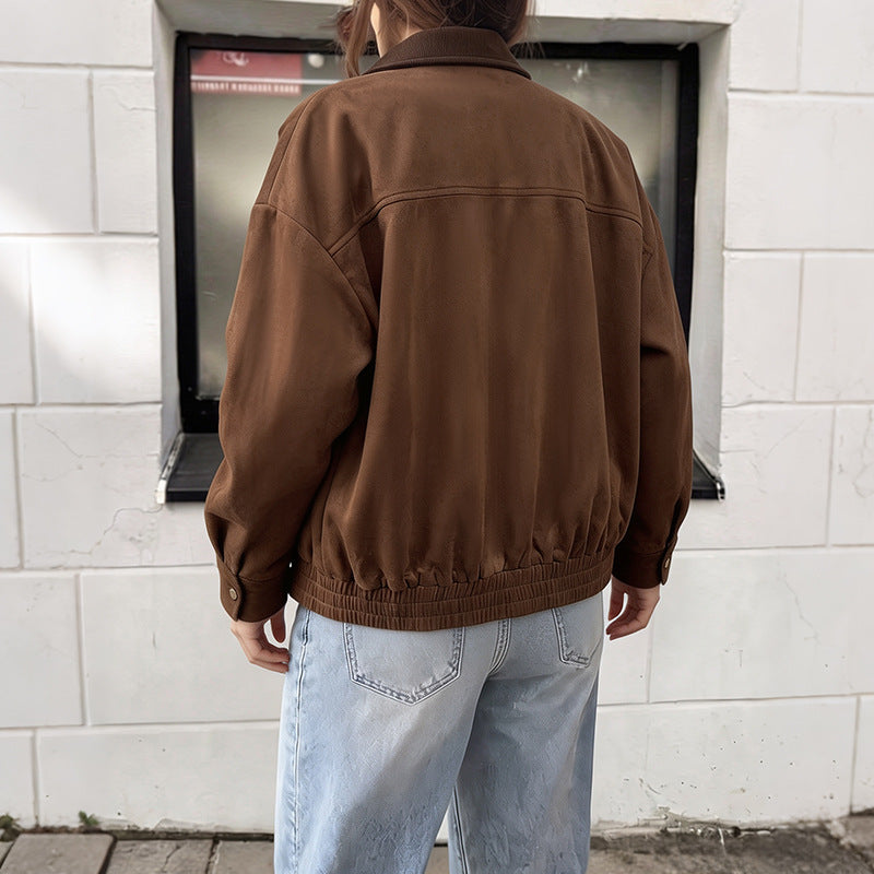 Corduroy Collar Oversized Trucker Coat - Brown - 7