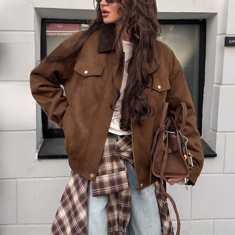Corduroy Collar Oversized Trucker Coat - Brown - 8