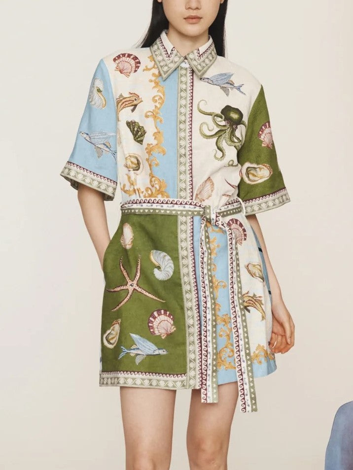 Sea Life Print Belted Shirt Dress - Decor