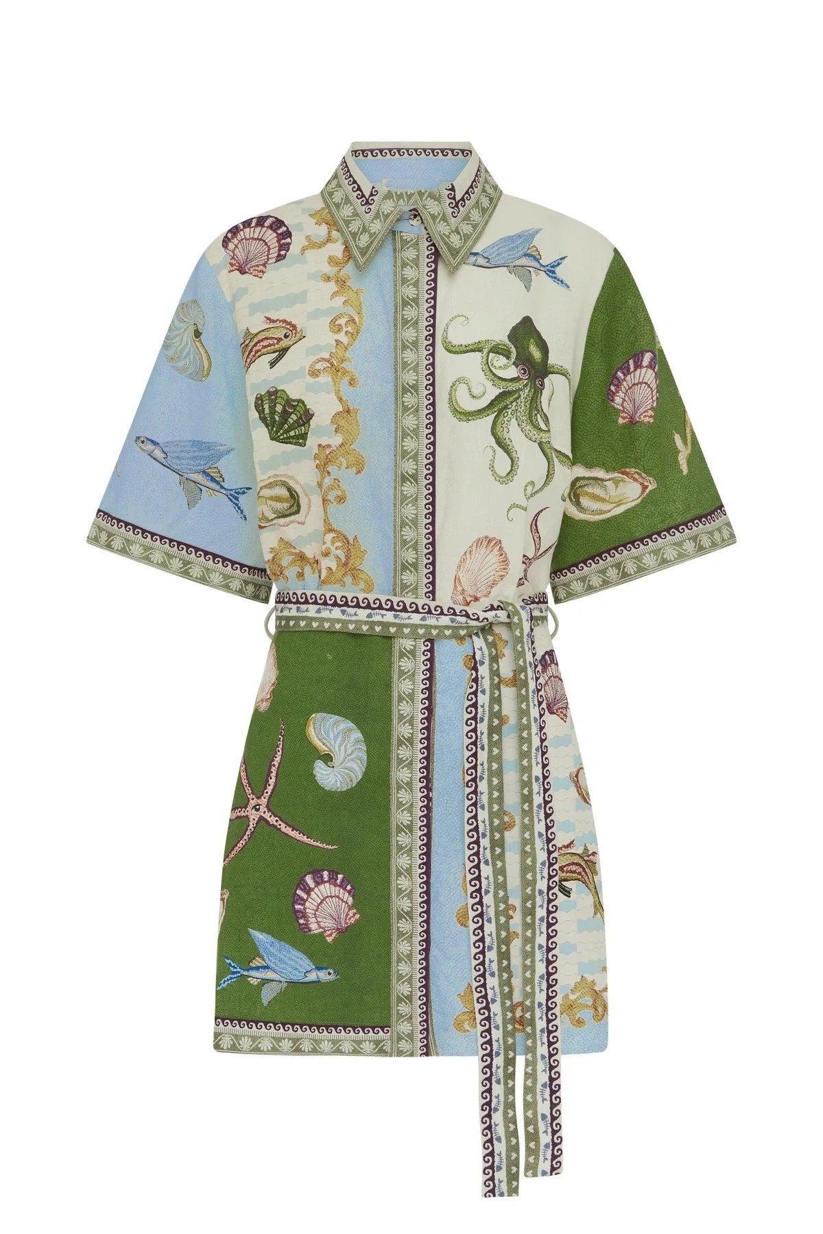 Sea Life Print Belted Shirt Dress - Decor - 1