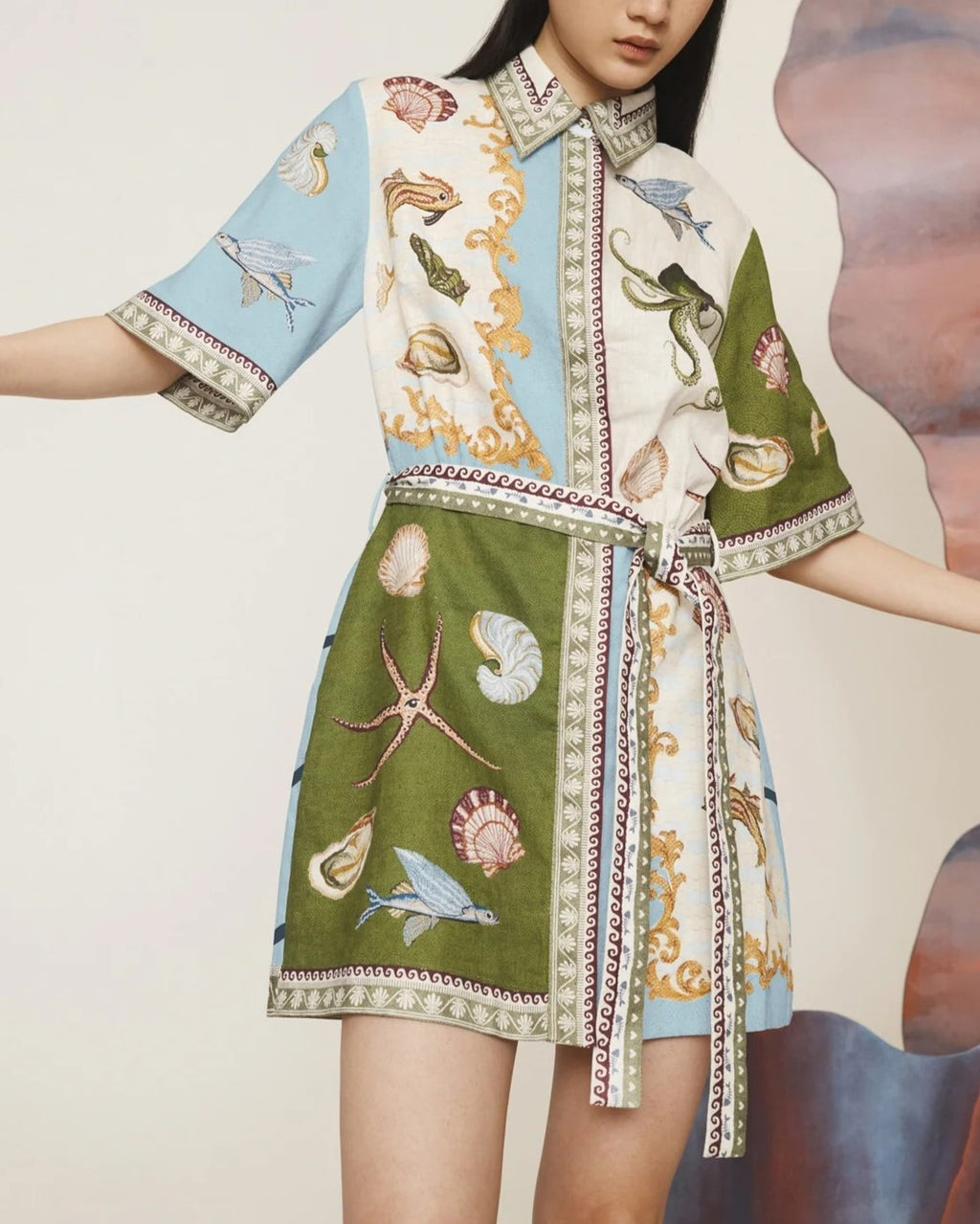 Sea Life Print Belted Shirt Dress - Decor - 2