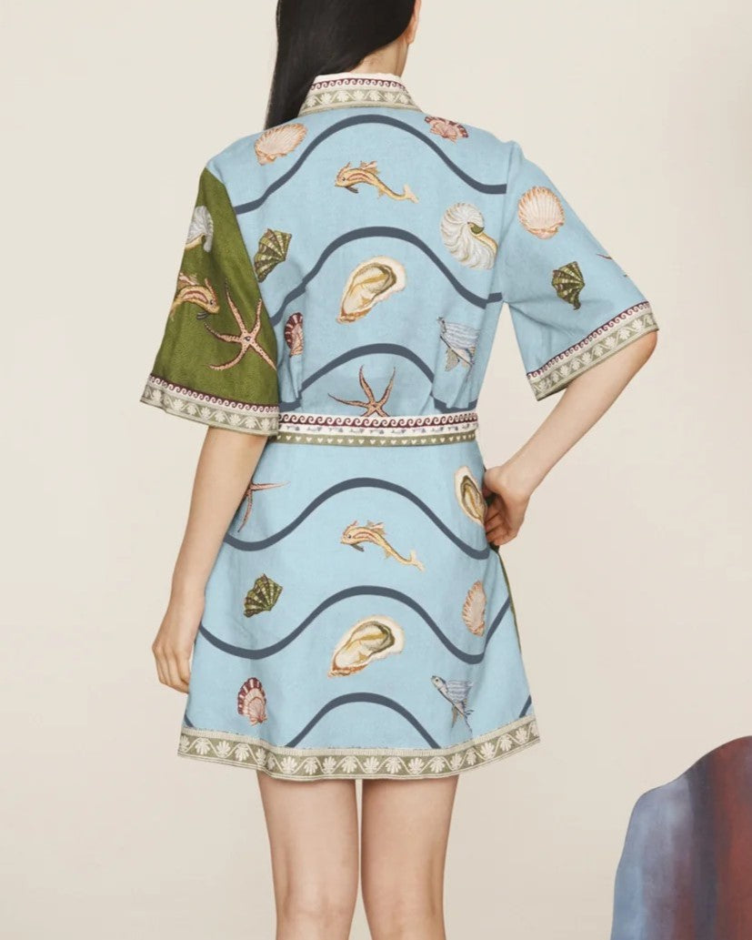 Sea Life Print Belted Shirt Dress - Decor - 3