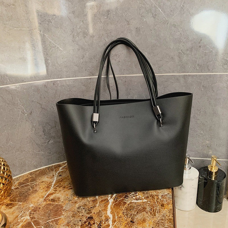 Large Faux Leather Shoulder Tote Bag - Black