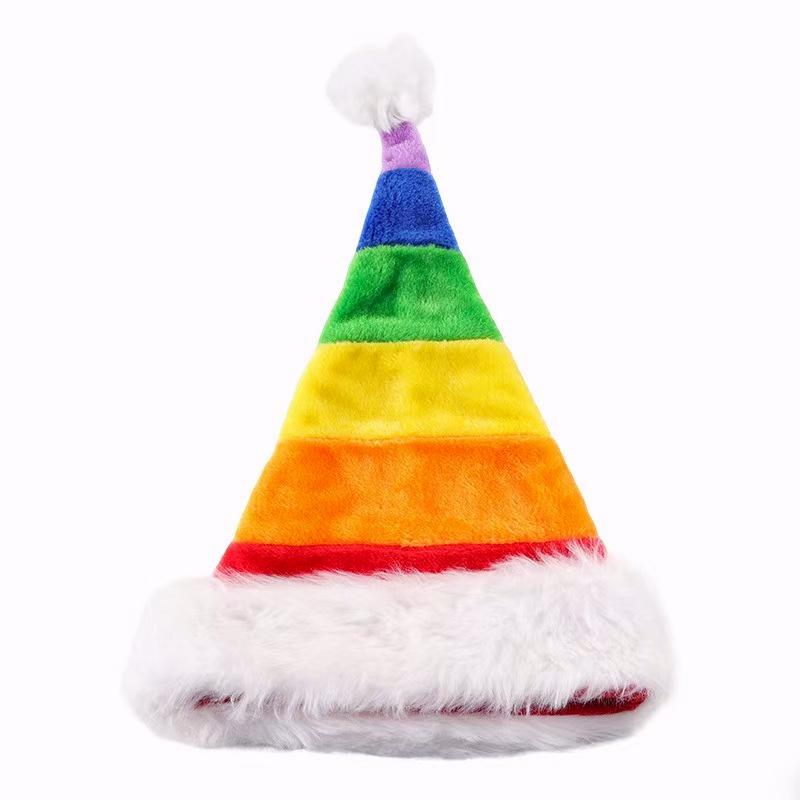 Rainbow Striped Santa Beanie Hat with Fluffy Cuff - Rainbow