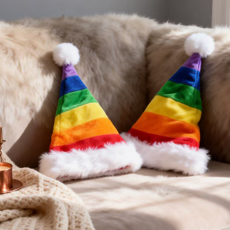 Rainbow Striped Santa Beanie Hat with Fluffy Cuff - Rainbow - 1