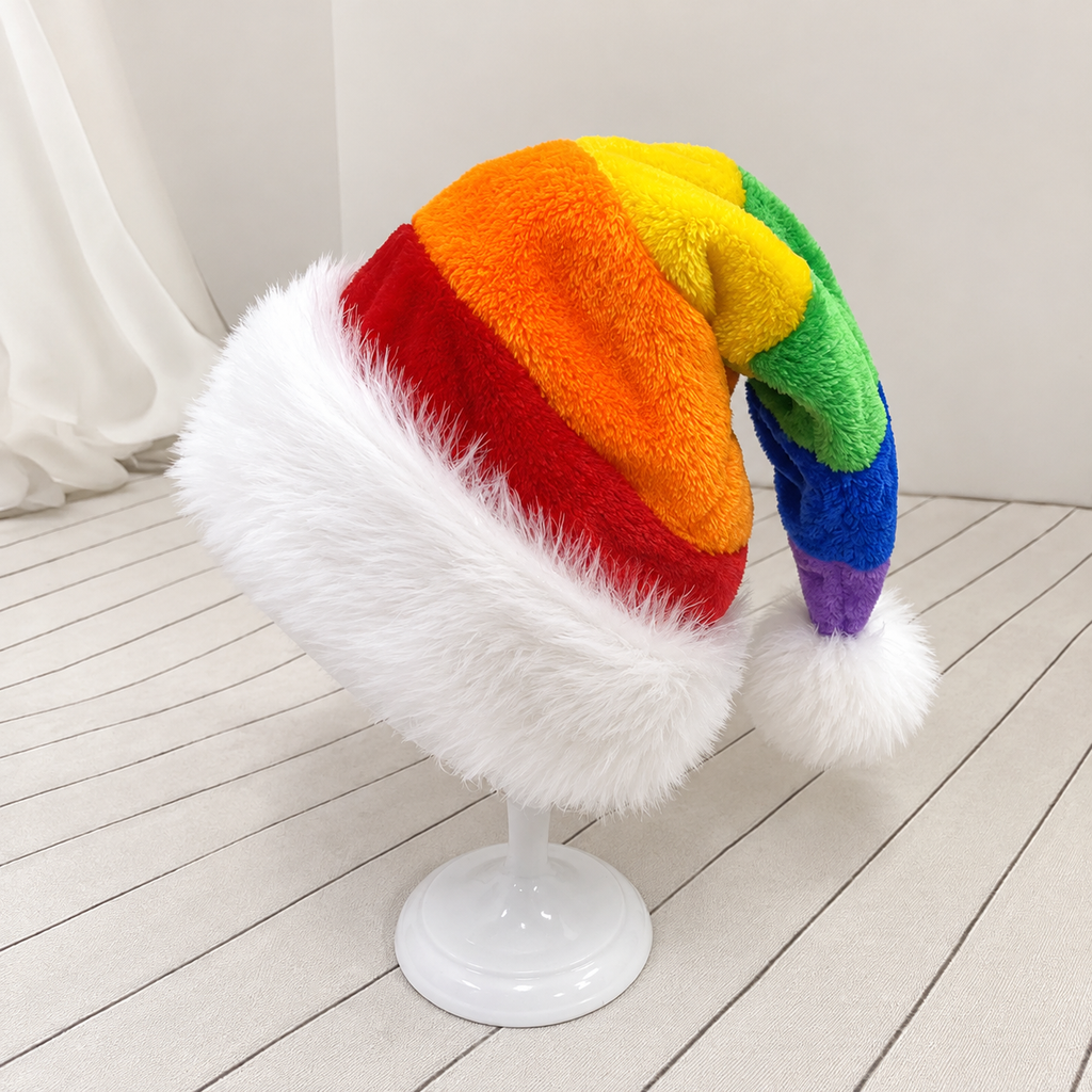 Rainbow Striped Santa Beanie Hat with Fluffy Cuff - Rainbow - 2