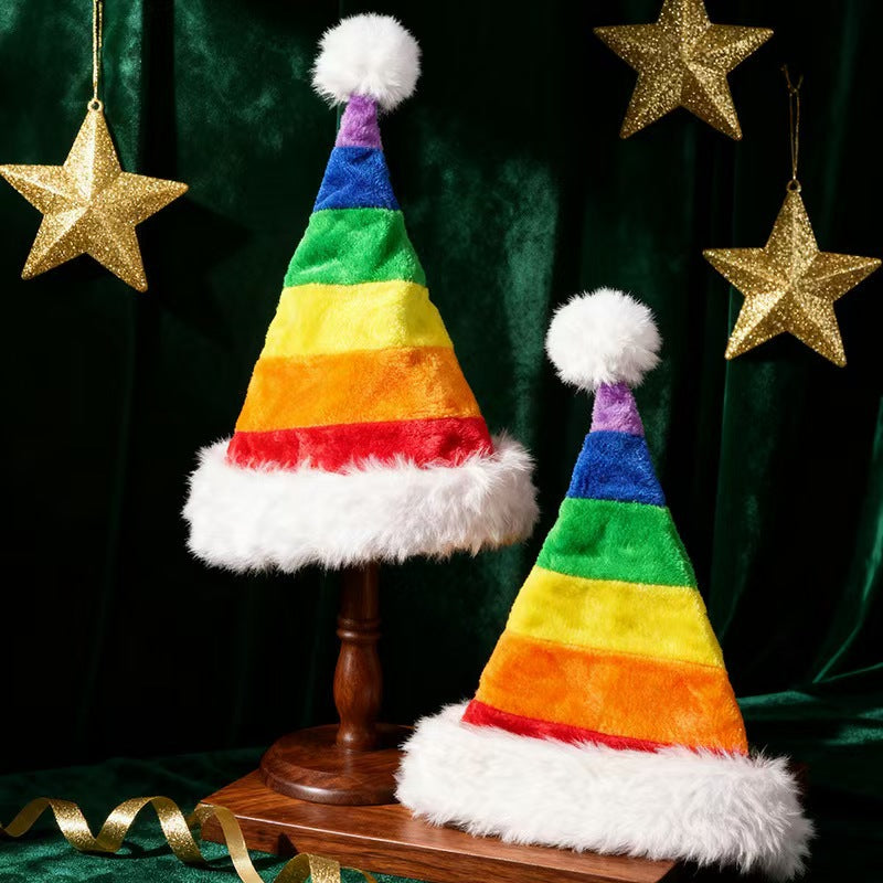 Rainbow Striped Santa Beanie Hat with Fluffy Cuff - Rainbow - 3