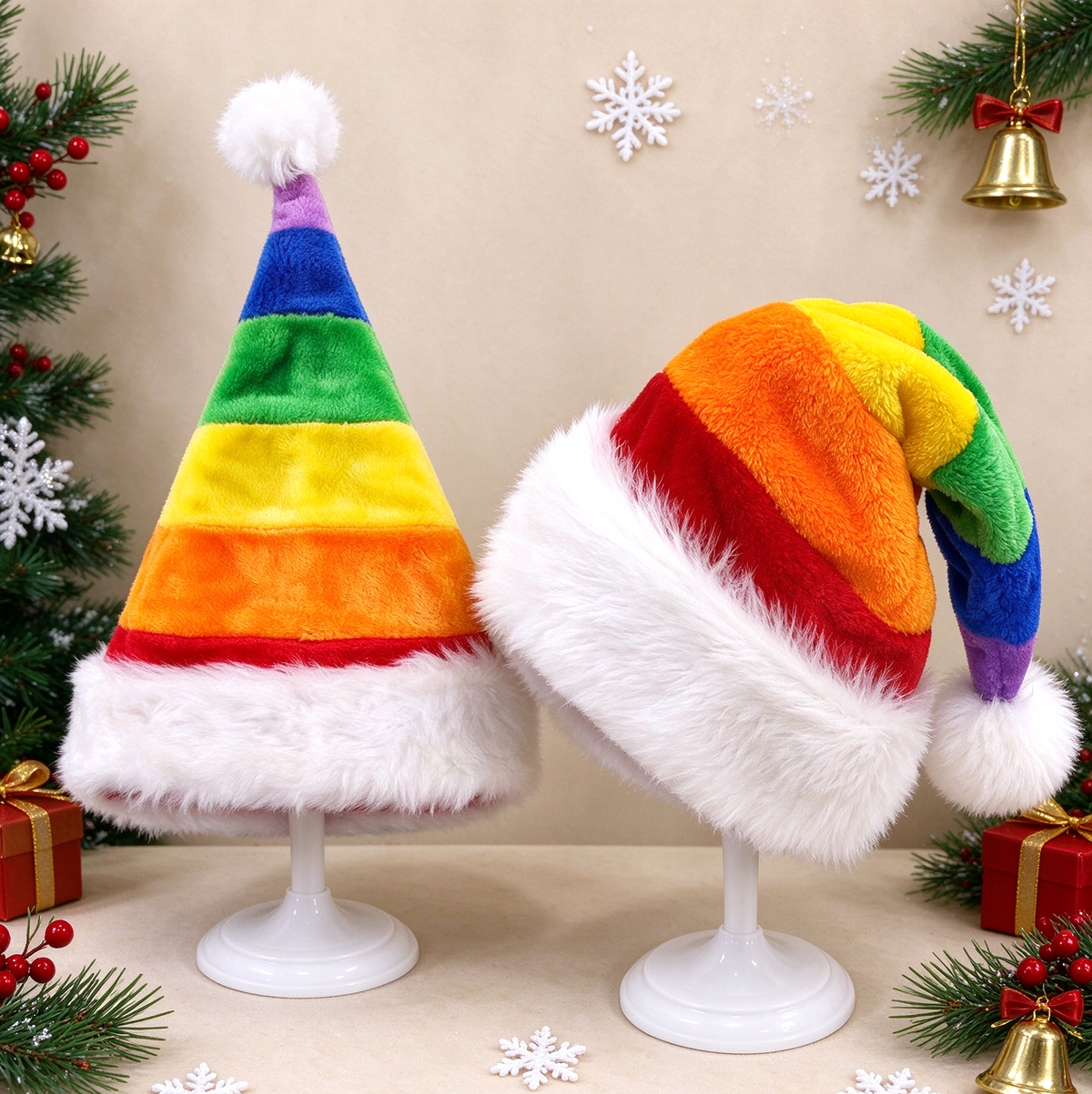 Rainbow Striped Santa Beanie Hat with Fluffy Cuff - Rainbow - 7