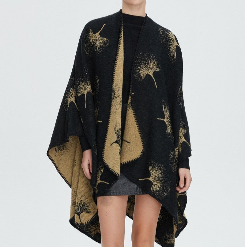 Ginkgo Leaf Jacquard Reversible Cape Shawl - Black-1