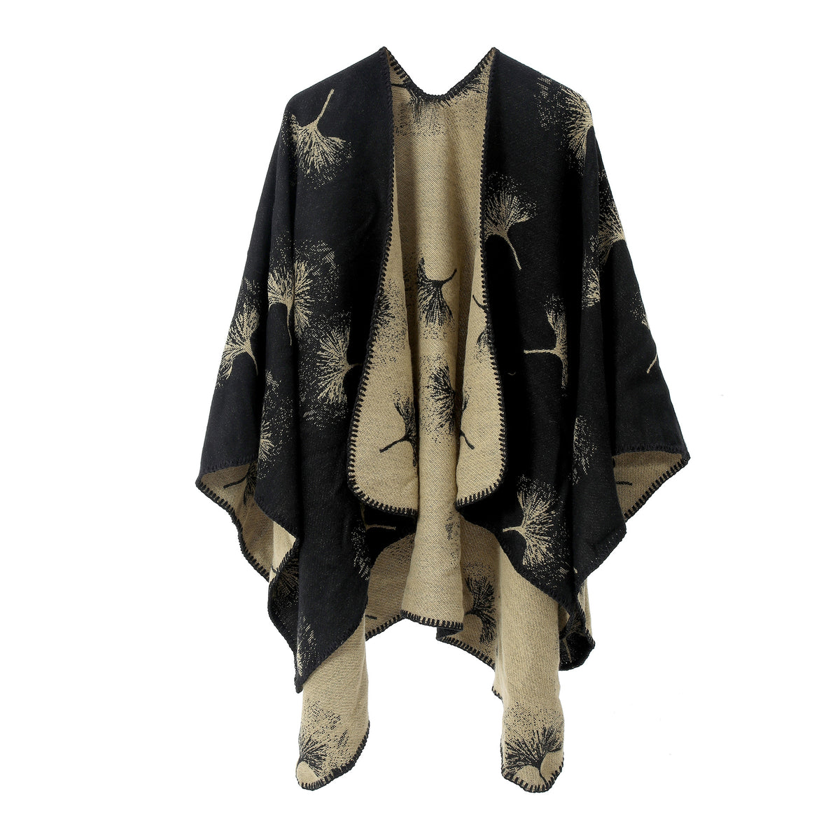 Ginkgo Leaf Jacquard Reversible Cape Shawl - Black-1 - 1