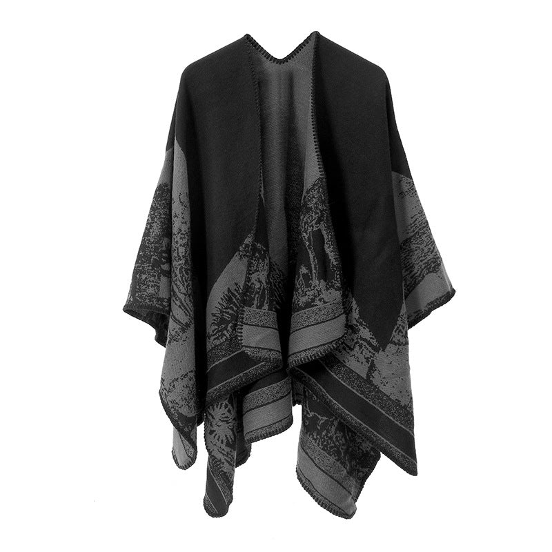 Ginkgo Leaf Jacquard Reversible Cape Shawl - Black-2